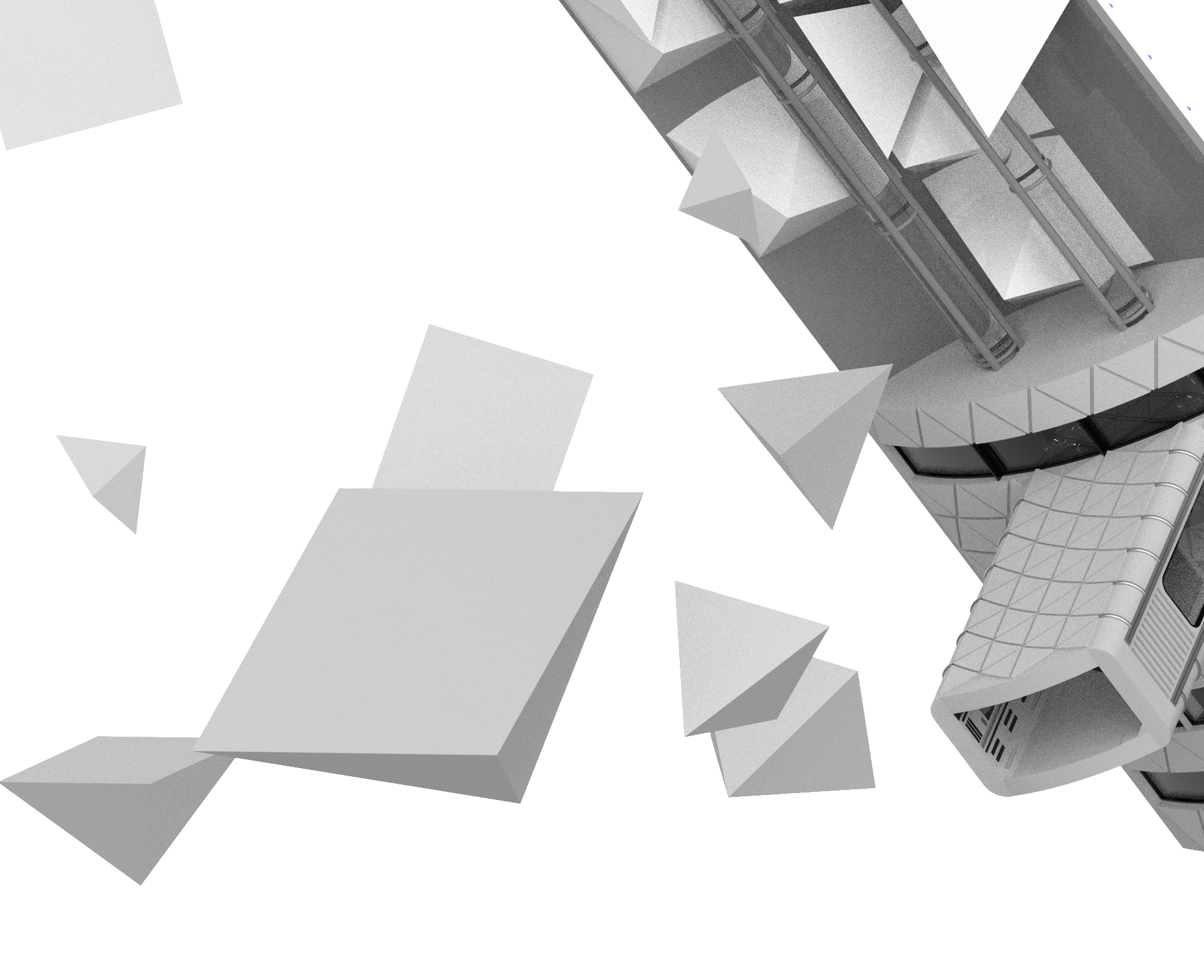 Exploded architectural study of a spacecraft separating into modular elements